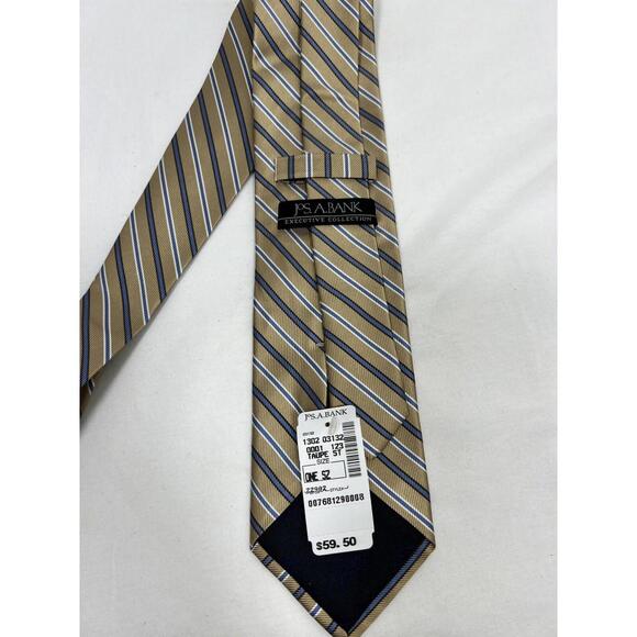 NEW Jos A Bank Executive Collection Men’s Tie 100% Silk Tan Blue Stripe Necktie - Picture 2 of 6